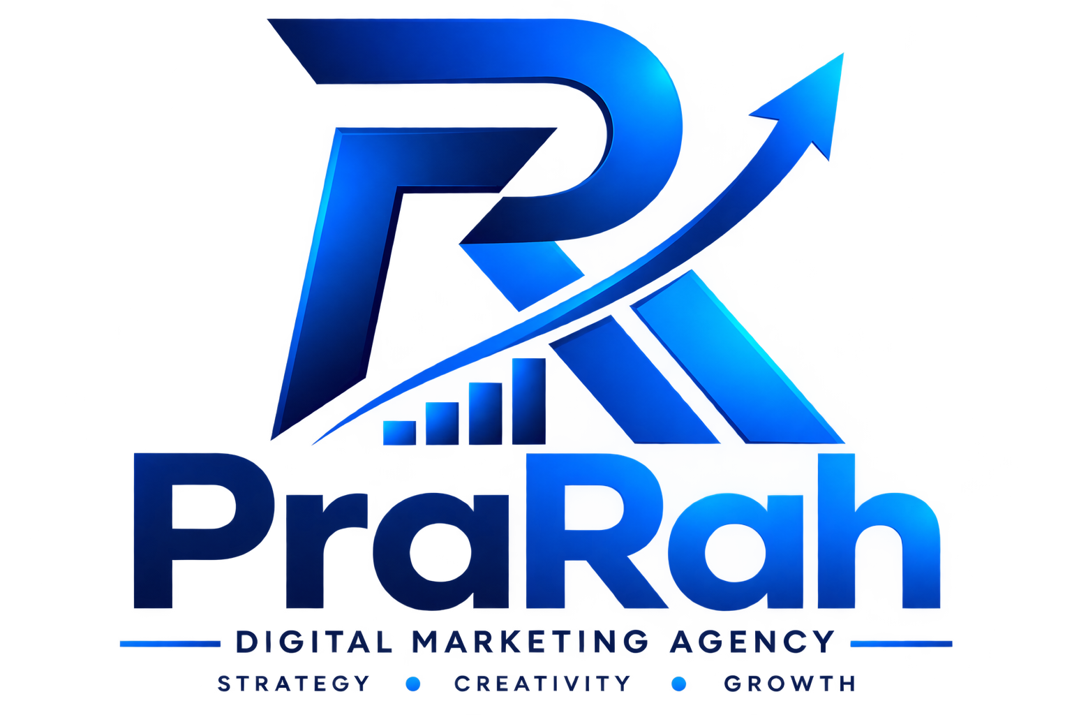 PRARAH Agency — blue PR monogram with upward growth arrow and PraRah wordmark
